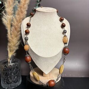 Y2K Gemstone + Wood Beaded Necklace 22 Inch | Brown Neutral Chunky Beads | Boho